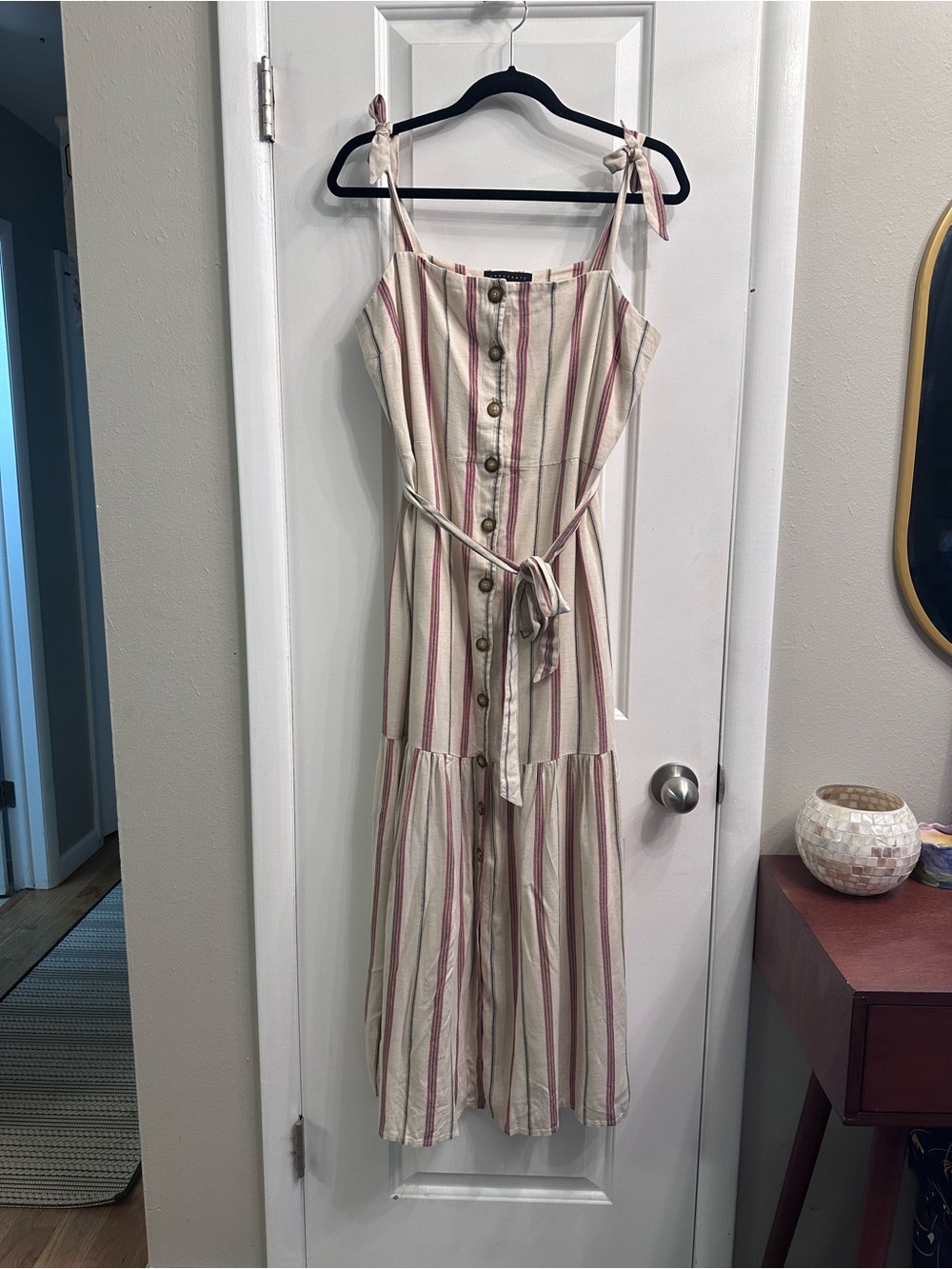 Sanctuary Striped Cream Maxi Dress Sash Tie Belt Women size 10 Viscose Linen